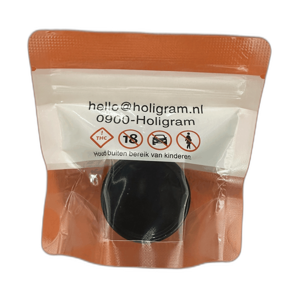 Achterkant van een Holigram Holi Fresh-eenheid: wettelijke pictogrammen (18+, niet roken in voertuig, buiten bereik van kinderen) en contact hello@holigram.nl, 0900-Holigram.