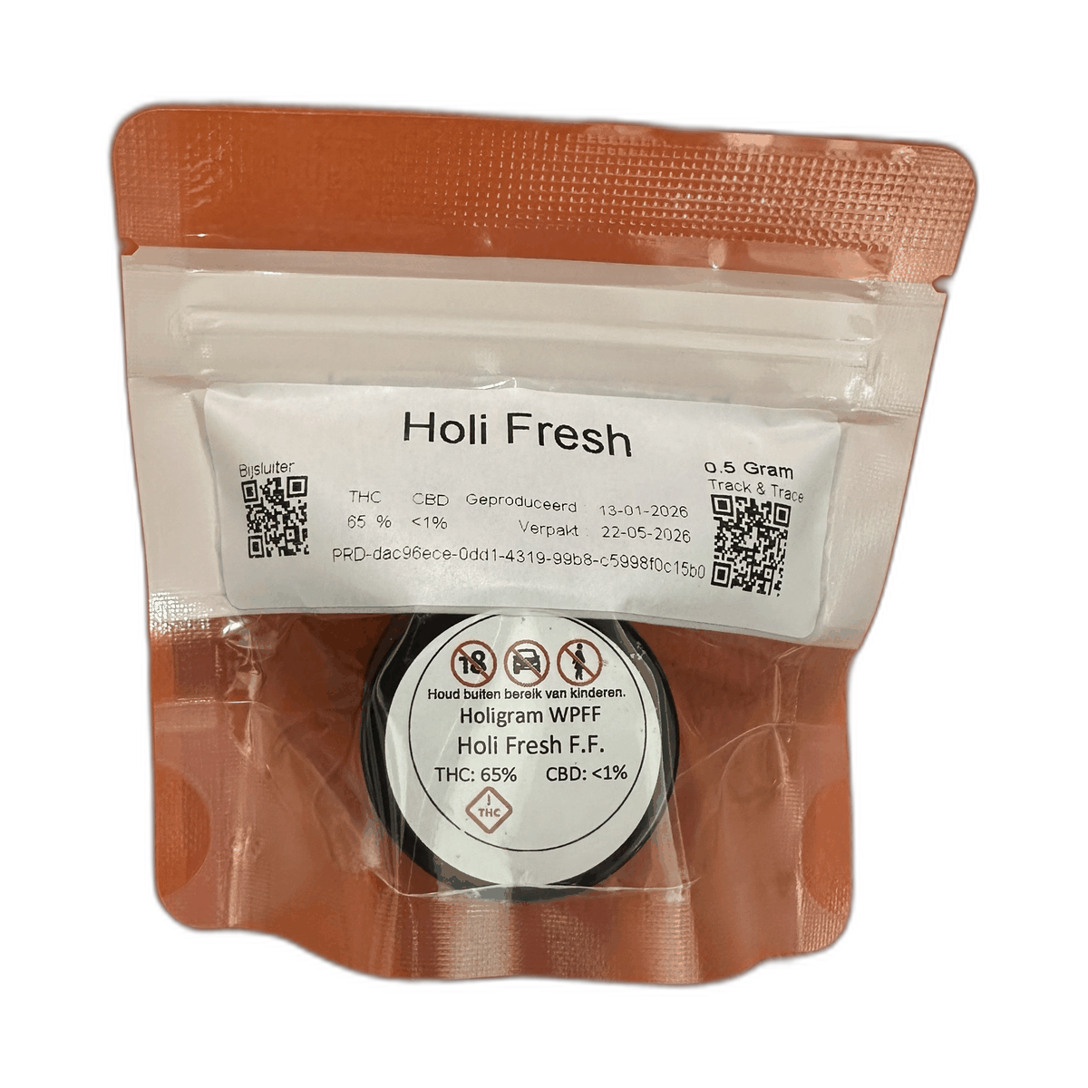 Een Holigram Holi Fresh-eenheid: composteerbare PLA-verpakking met zwart glazen potje binnenin, gefotografeerd op een oranje achtergrond.